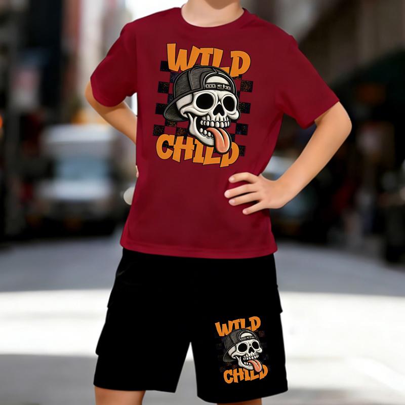 Boys 2 Piece American Street Trend Print Outfit, Short Sleeve T-Shirt and Shorts Set for Kids Age 5-14,Black and White Sporty Casual Summer Clothes