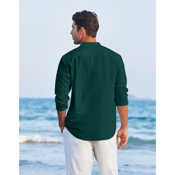 Herren Baumwollmischung Kurzer Kurta mit langen Ärmeln und ethnischem Halsausschnittdesign | Lässiger Knitterstruktur-Kurta mit Stehkragen