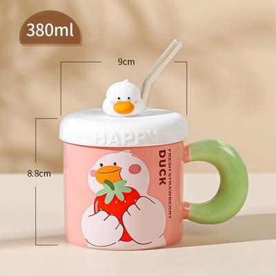Caneca de Pato Fofa com Canudo Doce, Caneca de Cerâmica de Patinho Fofo com Tampa, Copo de Água para Namorada