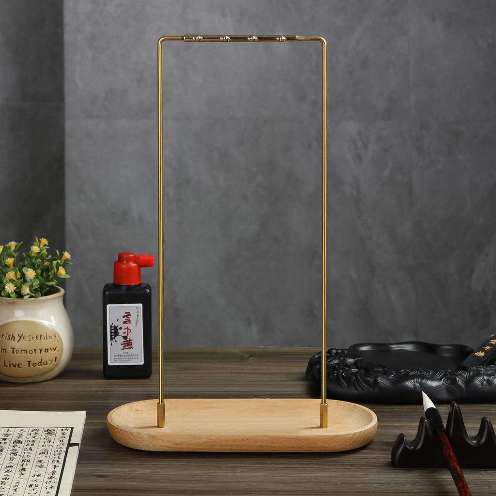 Metal Chinese Brush Pen Holder with Wooden Base Brass Calligraphy Rest Ink Hanger 8 Needles Writing Brush Holder