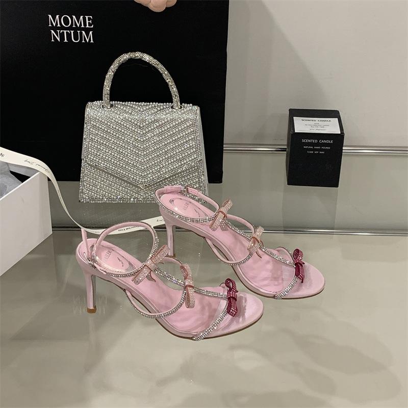 Sandals Rhinestone Bow Fairy Style Ankle StrapRoman High Heels Summer Outdoor Wear Pink