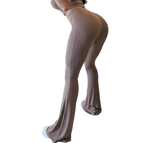Women Flared Pants Elastic High Waist Solid Color Long Pants Ribbed Texture Yoga Running Cycling Trousers