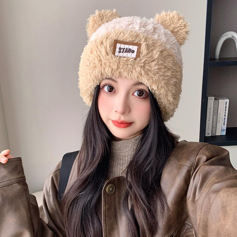 

Зимняя теплая вязаная плюшевая шапка для женщин с большим обхватом головы, универсальная шапка, милая повязка на голову, шапка, формирующая лицо, с защитой для маленьких ушей M（54-58cm）