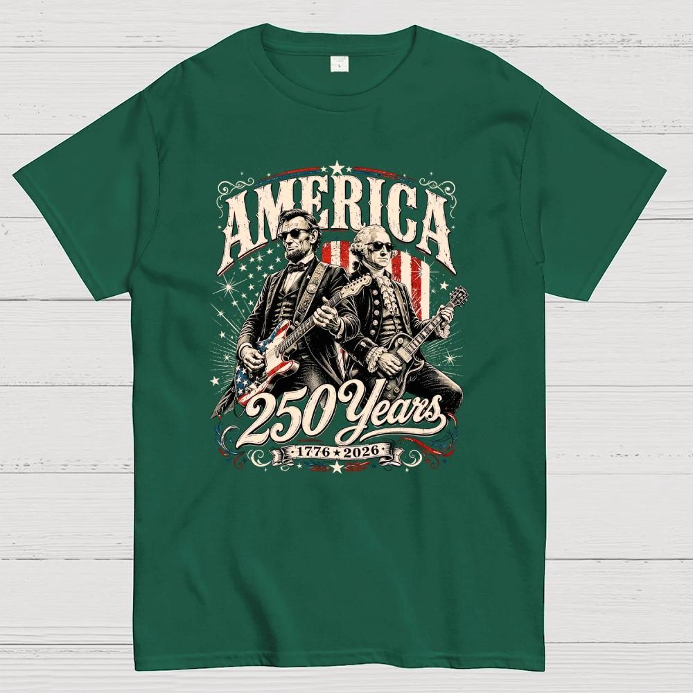 250 Years America Anniversary George Washington & Lincoln Playing Guitar Funny 4th of July Cotton Casual Cool Loose T-Shirt