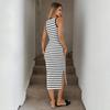 Striped Maxi Dress Women Sleeveless Round Neck Side Slit Bodycon Knit Dress Casual Summer Long Dress for Women