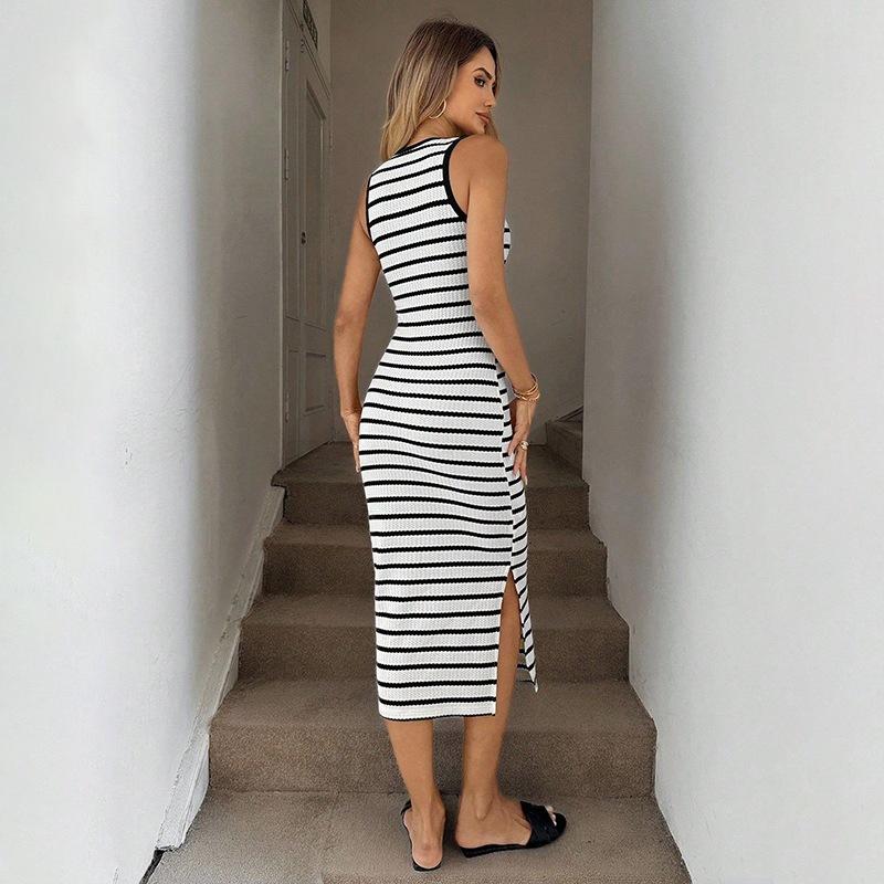 Striped Maxi Dress Women Sleeveless Round Neck Side Slit Bodycon Knit Dress Casual Summer Long Dress for Women