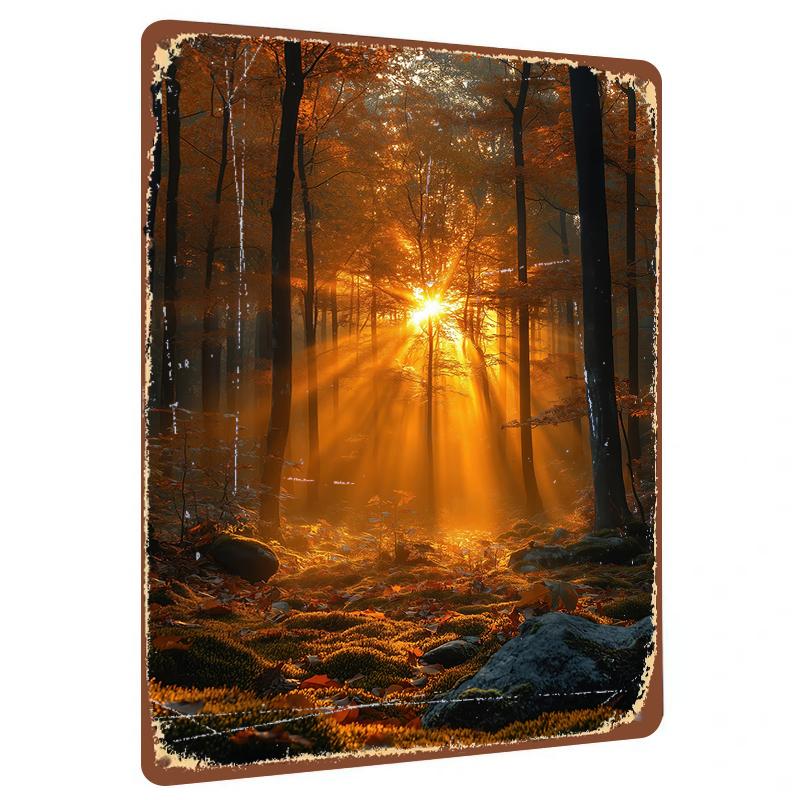 

Autumn Forest Sunlight Through Trees Natural Scenery Custom Metal Iron Painting Home Living Room Decorative Wall Art 20x30cm（7.8x11.8inch）