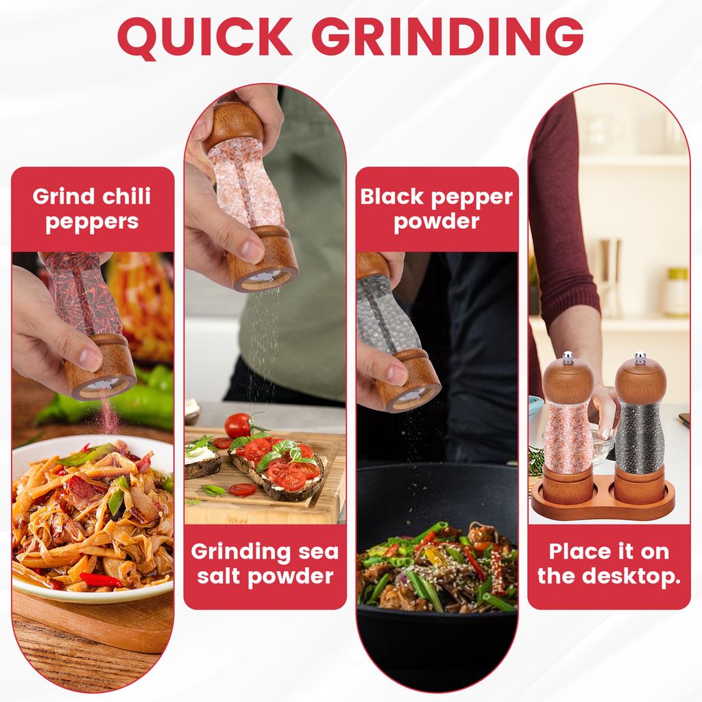 4Pcs Wood Salt and Pepper Grinder Set Abrasion Resistant Spice Grinder Coarse Fine Adjustable Salt and Pepper Mill Kitchen Tools
