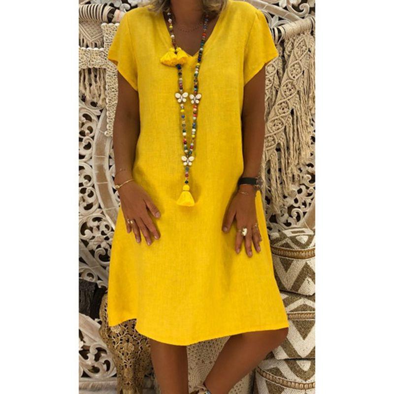 2023 European & American V-neck Solid Color Cotton Linen Short Sleeve Dress for Women