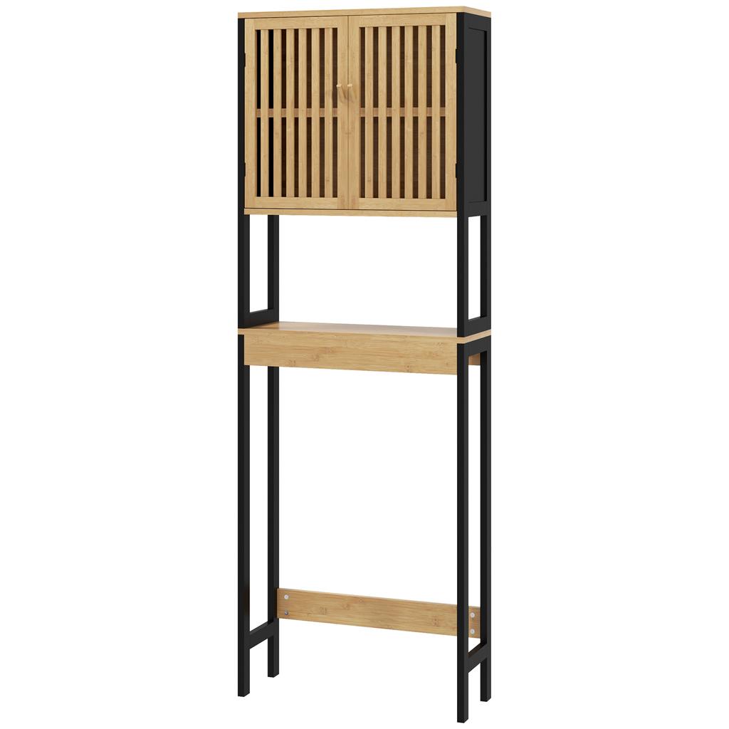 Estantería para inodoro mueble de baño unidad sobre WC con armario de 2 puertas y estante abierto, bambú