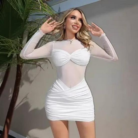 Europäisches Weißes Netz-Bodycon-Kleid mit langen Ärmeln und Raffungen