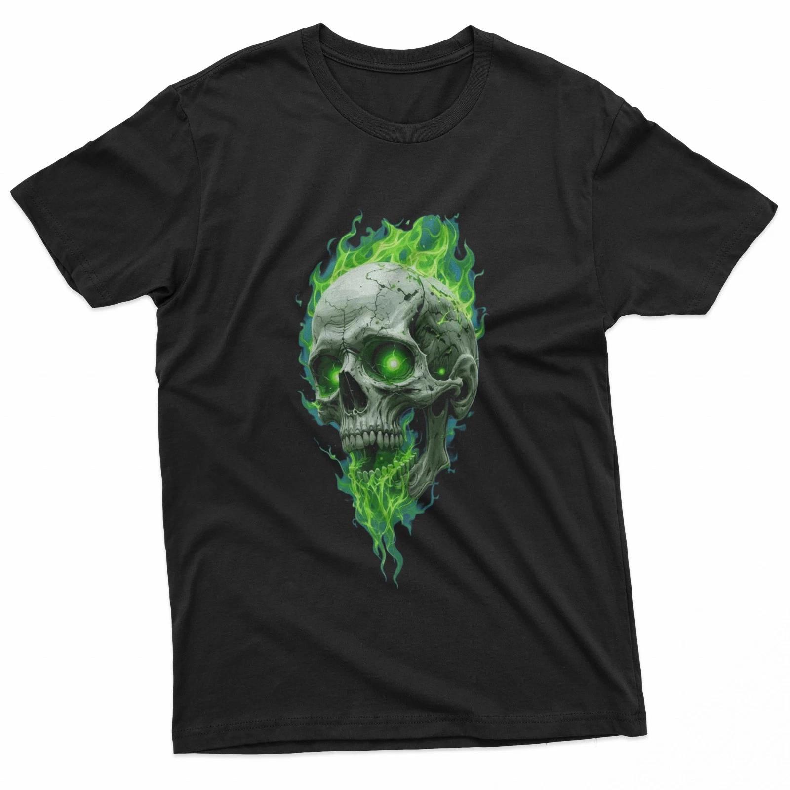 Green Flame Skull Horror Art 100% Cotton T-shirt Mens Tees Top 3XL