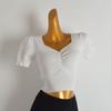 French Style New Arrival Pure Color Pullover V-neck Ruched Puff Sleeves Knitwear Women's Clothing Summer Silm Slimming Short Top