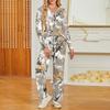 Women's Casual V-Neck Printed Long Sleeve Loungewear Set with Pockets