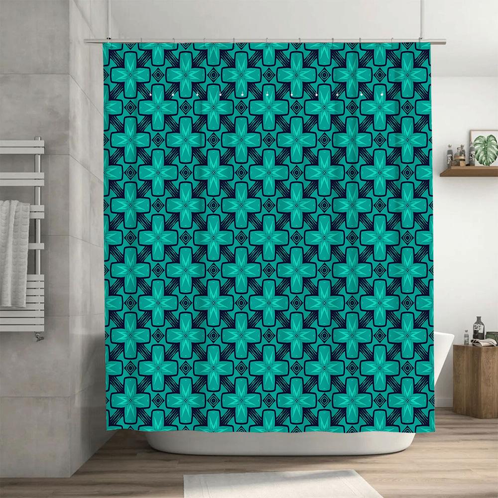 Modern Style Blue Black Geometric Printed Shower Curtain For Bathroom Decoration 72 X 84 Inch Size Set With Hooks Included