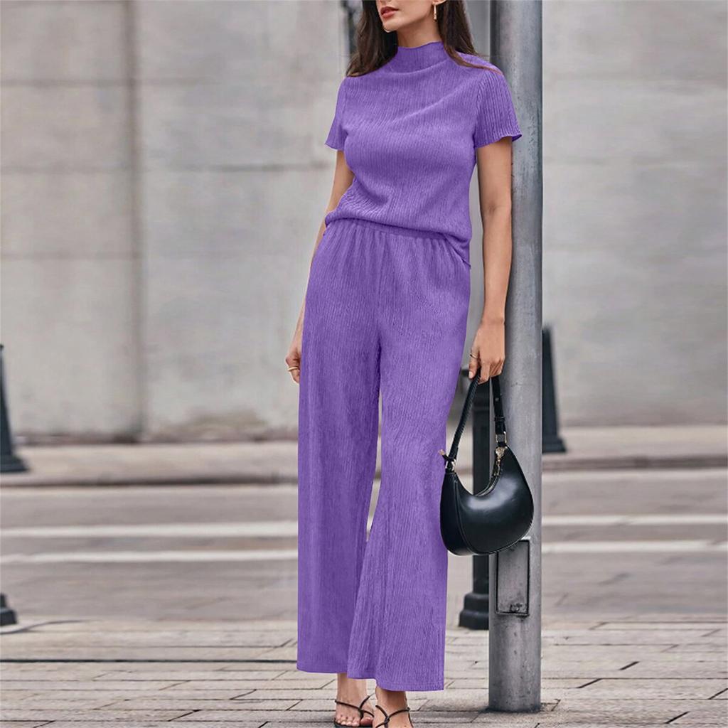 Women's 2-Piece Fashion Casual Short-Sleeve Turtleneck Loose Top + Wide-Leg Pants Loungewear Set