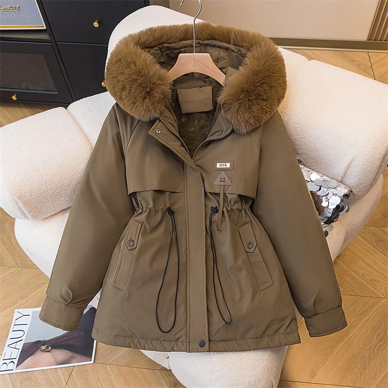 Parker Clothing Women's Winter Korean Version of The Waist Is Thin, Hooded Plus Velvet Cotton Clothing Mid-length Jacket Cotton Coat