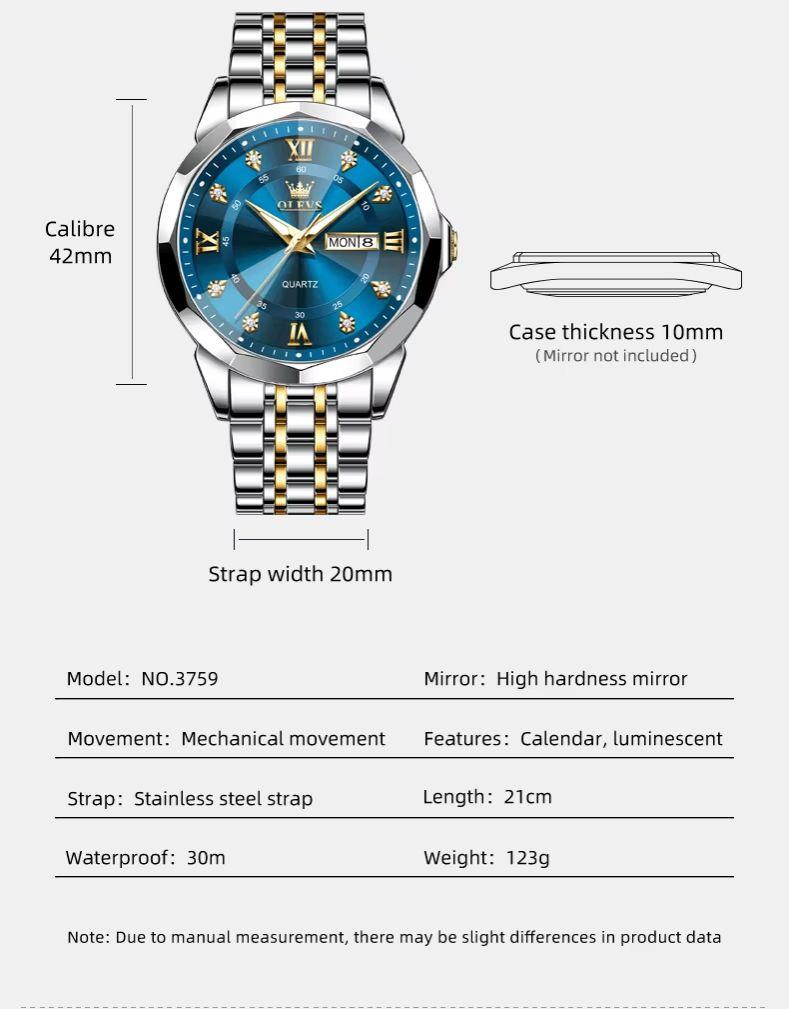 OLEVS Watch for Men Solid Steel Strap Fashion Rhombus Mirror Dual Calendar Business Men's Wristwatch Original Quartz Watch 3759