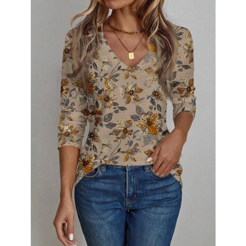 Spring and Autumn V-neck Retro Floral Pattern 3D Printed Top Fashionable Casual Long Sleeved Women's T-shirts
