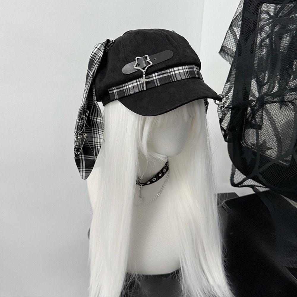 Metal Ring Accents Rabbit Ear Beret Y2K Punk Style Visor Beret Cap Alternative Fashion