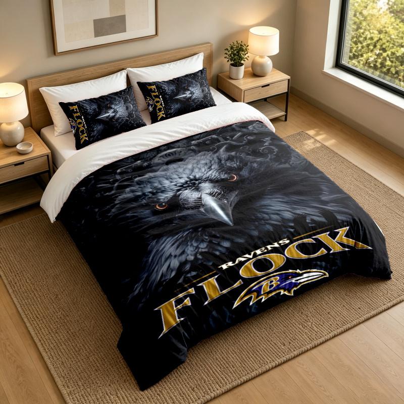 3-Piece Bed Sheet Set with Baltimore Ravens Design, 1 Flat Sheet and 2 Pillowcases for Bedroom