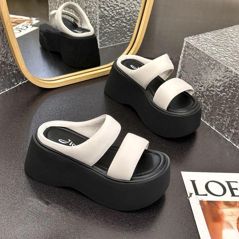 Real soft leather thick-soled women's sandals summer versatile muffin thick-soled and light, small people increase their height with one pedal