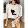 Women's White Cute Cat Print Tee Round Neck Short Sleeve Vintage Elegant Casual Sexy Fashion New Arrival Top