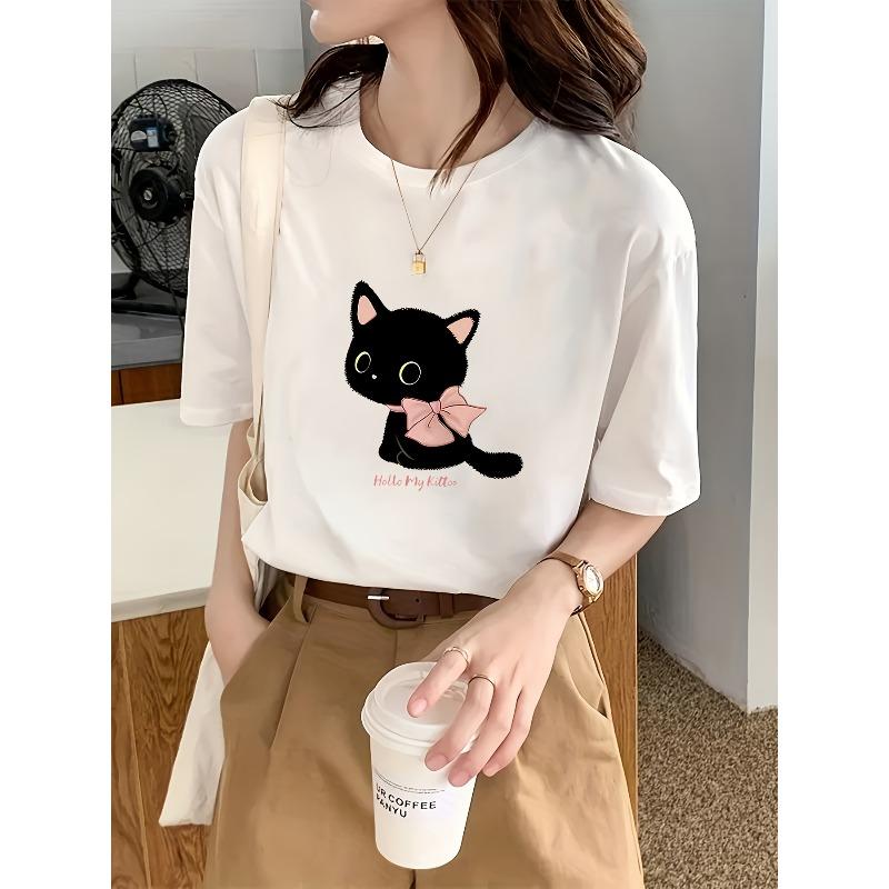 Women's White Cute Cat Print Tee Round Neck Short Sleeve Vintage Elegant Casual Sexy Fashion New Arrival Top