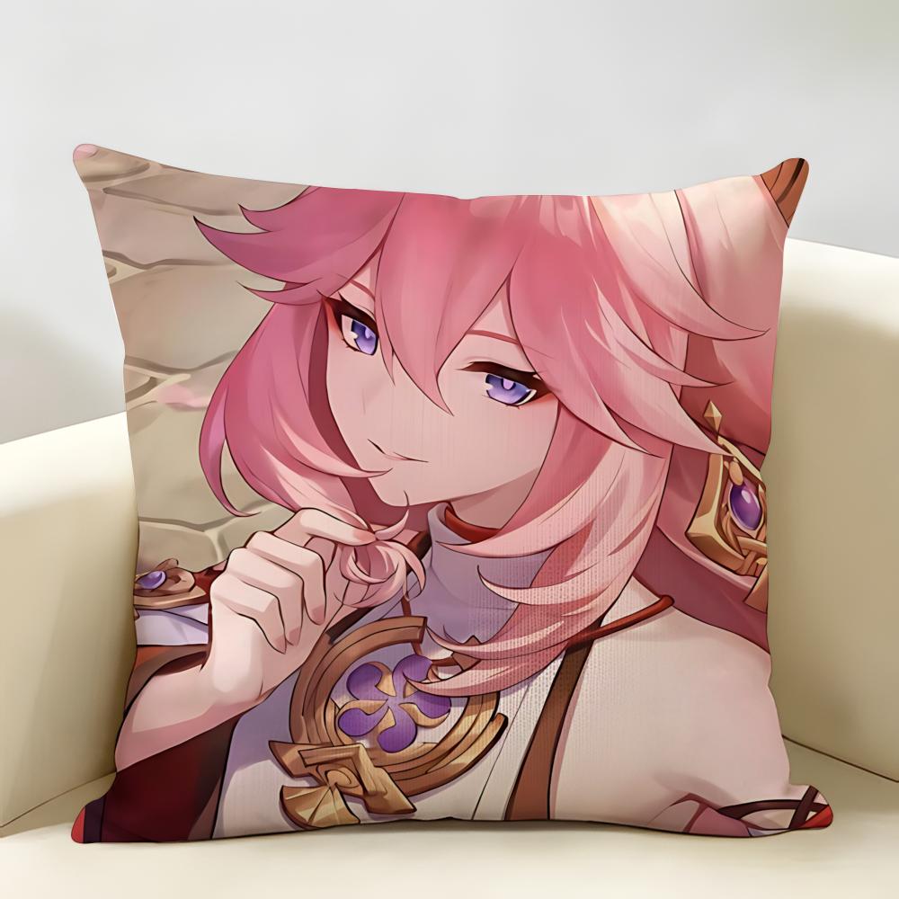 Yae Miko Genshin Impact Cushion Cover Natural Linen Organic Fabric DoubleSided Printing Room Sofa Decor Pillow Case