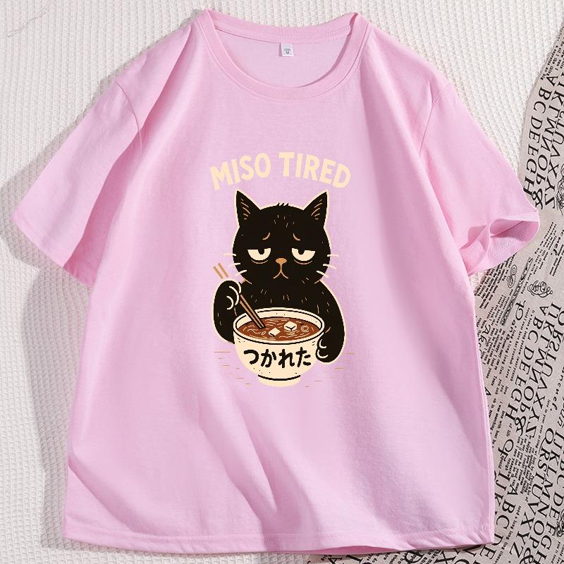 Funny Cat T Shirt Cotton Miso Tired Ramen Tee Kawaii Japanese Food TShirt Foodie Graphic Tees Streetwear Clothing Y2k Clothes