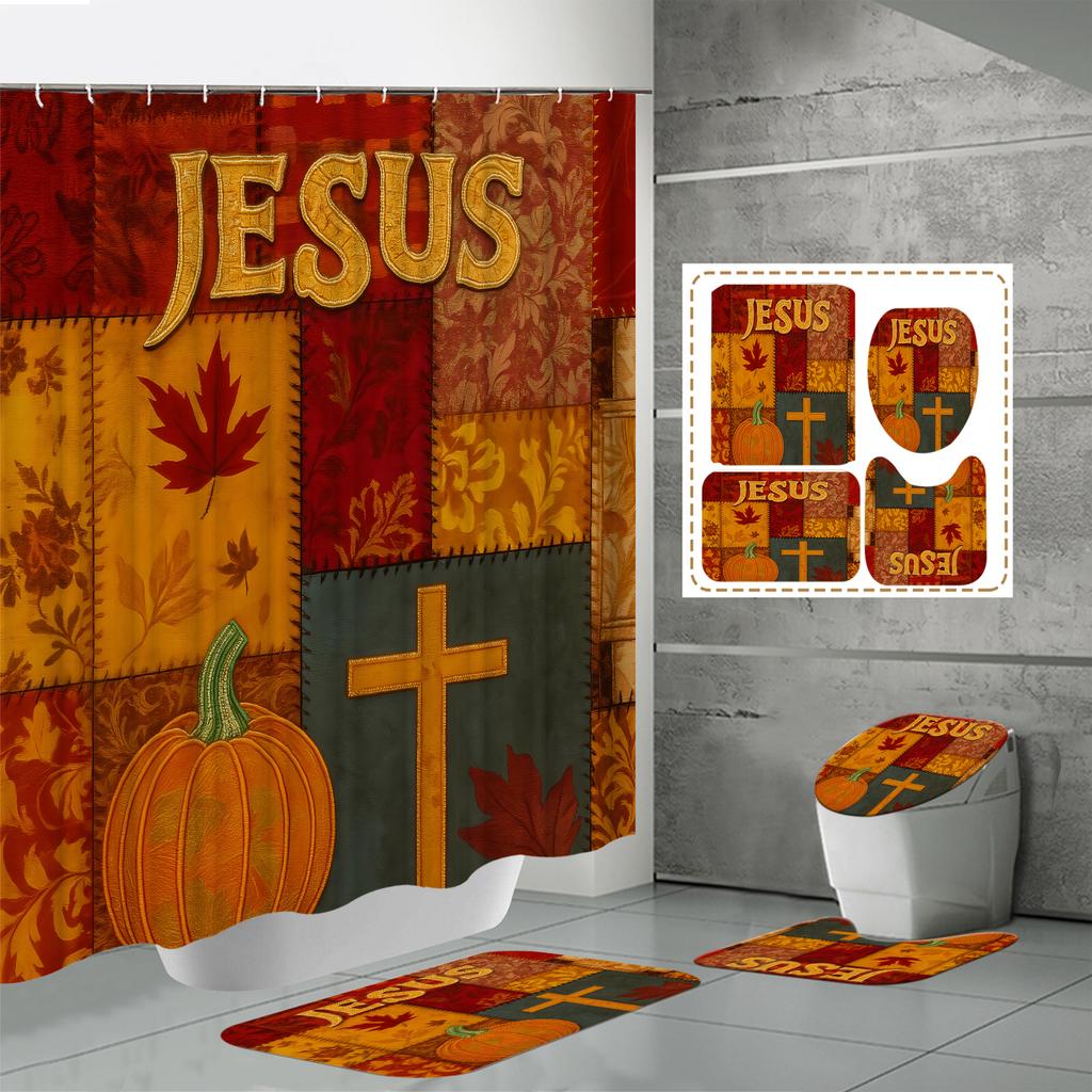 4PCS  Shower Curtain Sets With Shower Curtain And Rugs Toilet Lid Rug U Shape Mat And Bath Mat Bathroom Set  With 12 Hooks