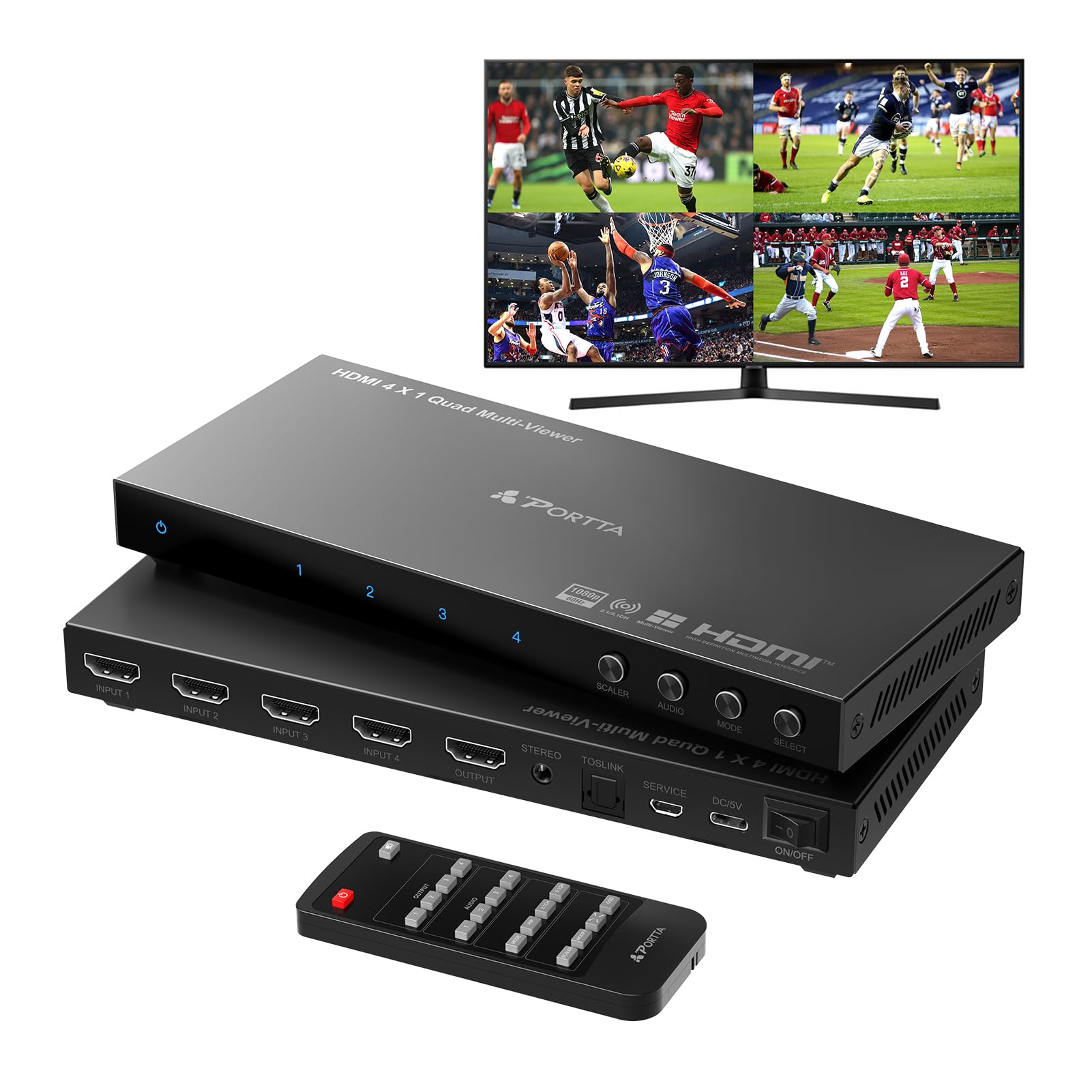 

Перемикач PORTTA HDMI Multi Viewer з 4x1 PIP Quad Multi Viewer Безшовний перемикач 4 в 1 з виходом аудіо Toslink 1080p 60Hz Сумісний 6 переглядів