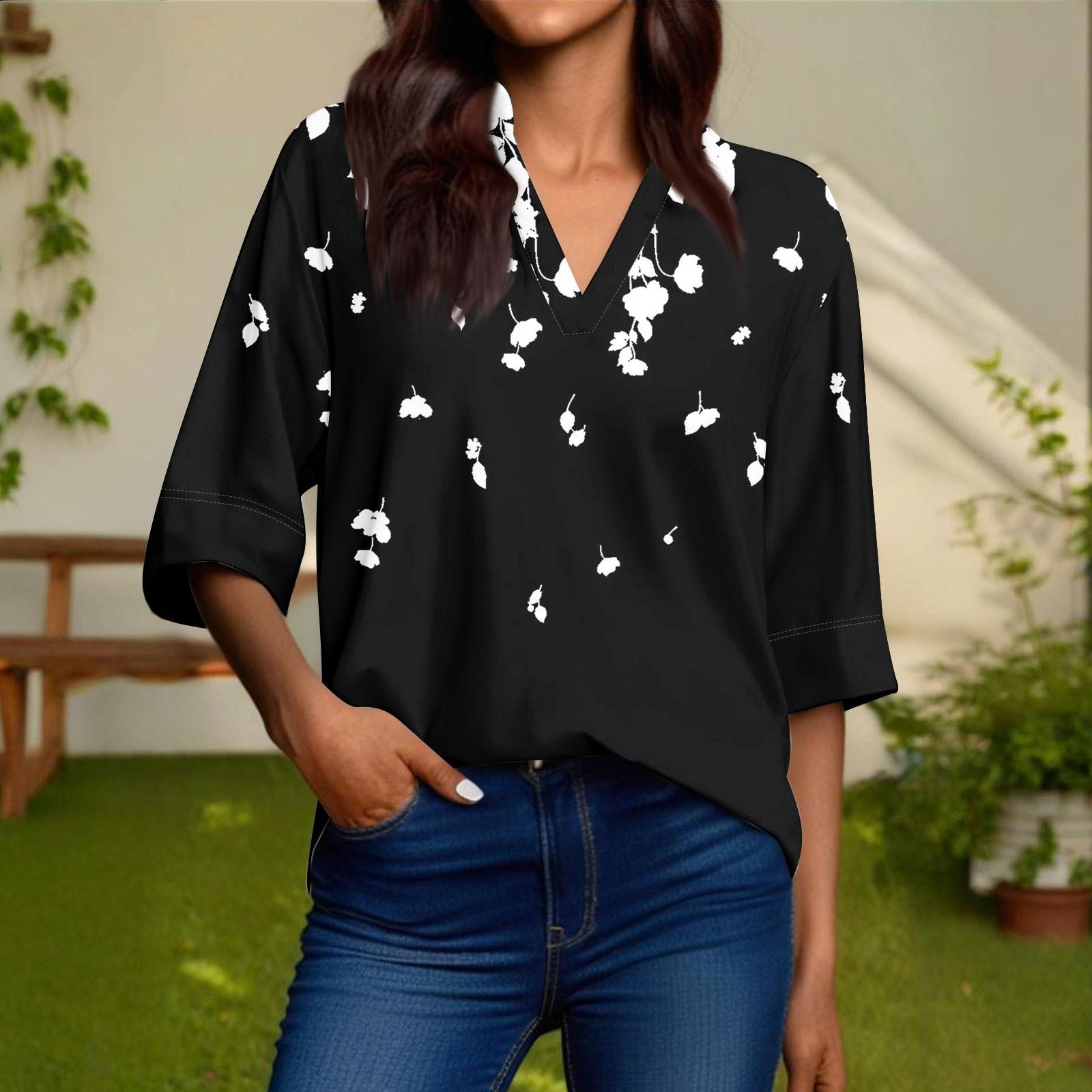 

Женская модная повседневная рубашка с V-образным вырезом и рукавами 3/4, пуловер S чёрный