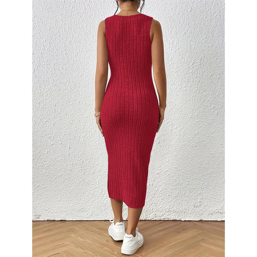 Women's Sleeveless Square Collar Suspender Furry Vertical Vest Dress Elegant Sexy Slit Legs Midi Dress