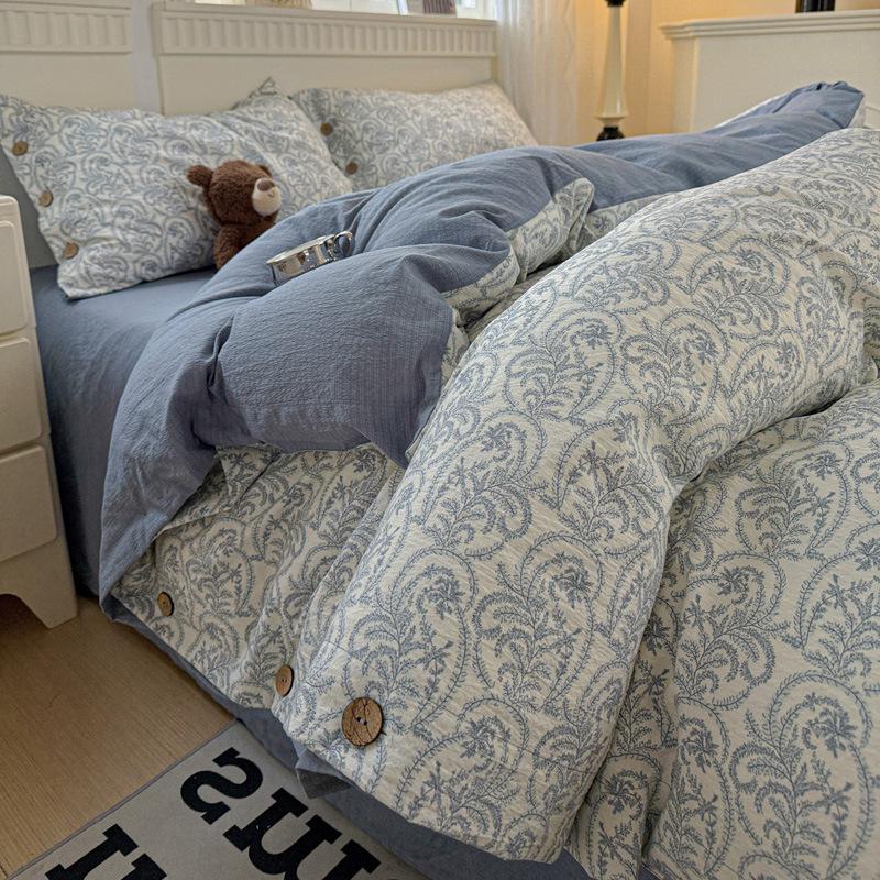 Retro Floral Linen Bedding Set: Autumn & Winter 4-Piece with Button Duvet Cover & Sheet