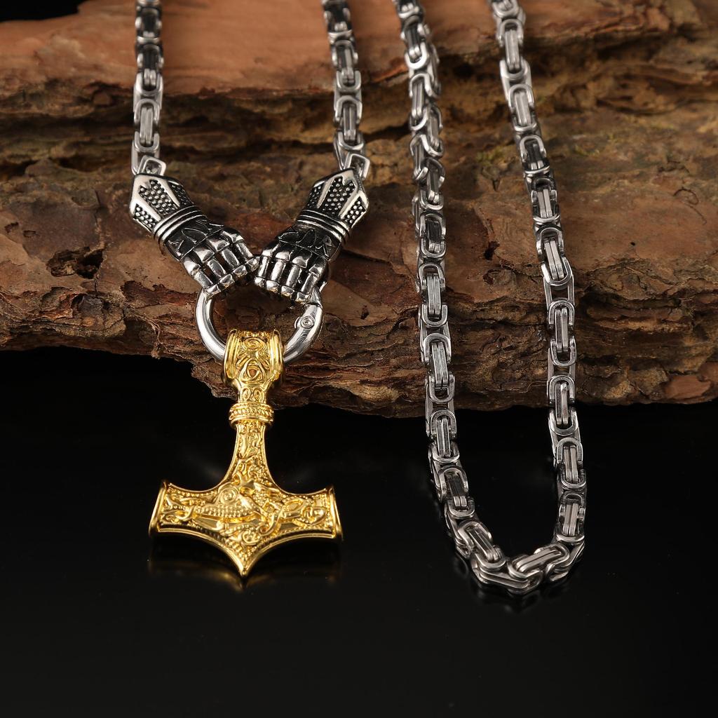 Popular Viking Fist Hammer Pendant Necklace with King Chain - Retro and Bold Design