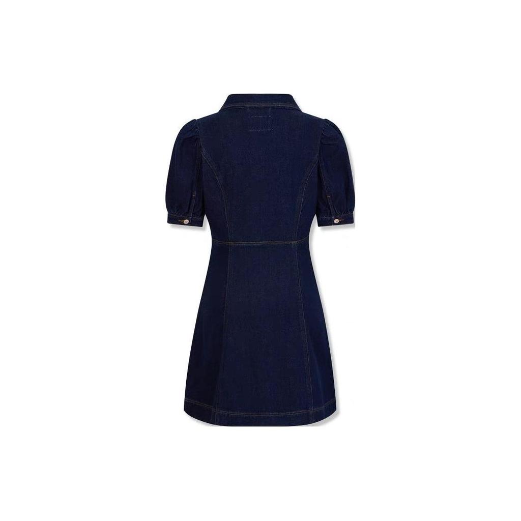 Levis Solid Color Vintage V-Neck Waist-Defining Versatile Slim Fit Denim Short Sleeve Dress Women Dresses Dark-Blue A6814-0000