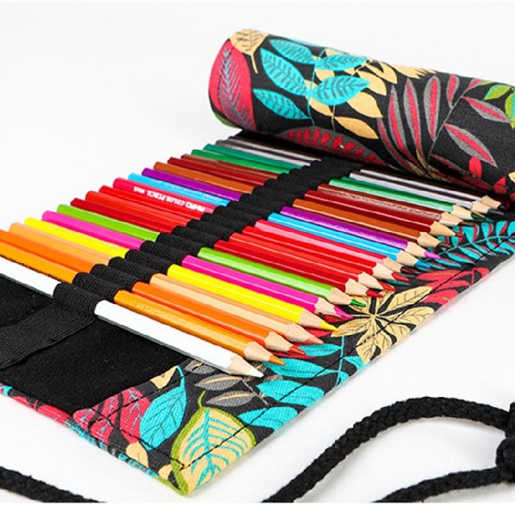 12/24/36/48/72 Holes Leaves Print Pencil Organizer Bag Canvas Pencil Wrap Pencil Roll Bag Pencil Storage Bag