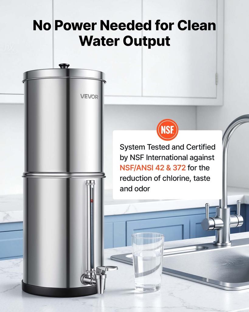 Gravity-fed Water Filter System, 5.68L 304 Stainless-Steel Countertop Water Filtration System, Reduces Lead and Up To 99% of Chlorine, with 2 Carbon