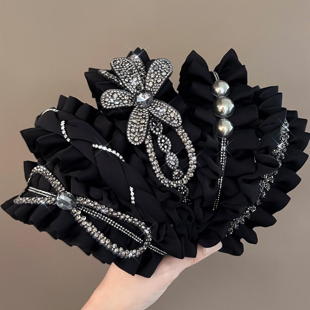 Wide Black Hairband Rhinestone Wrinkle Headband Retro Women Hair Hoop  Funeral
