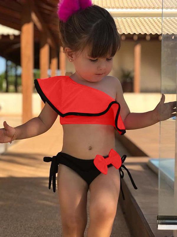 

Европейский и американский купальник с оборками на одно плечо, конфетного цвета, с бантом для девочек 100 cm красный