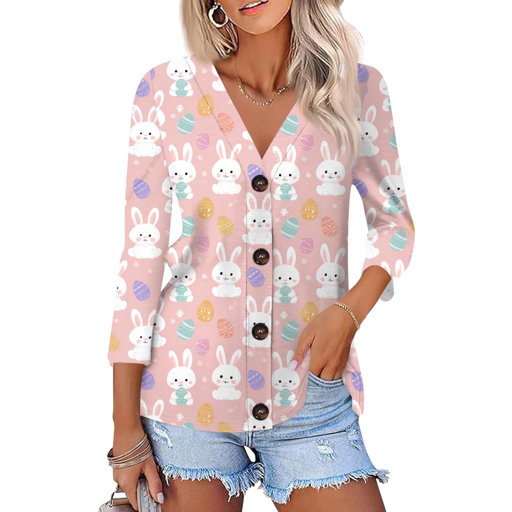 Women's Fashion Casual Print Button-down Shirt 3/4  Sleeve Tops