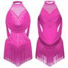 Girls Latin Performance Leotard Ruched Mesh Drapes Glittery Rhinestones with Tassel