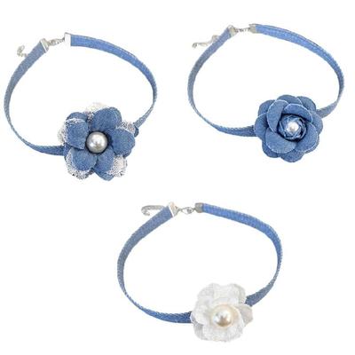 Flower Clavicle Chain Necklace Women Elegant Short Choker Blue Denims Necklaces