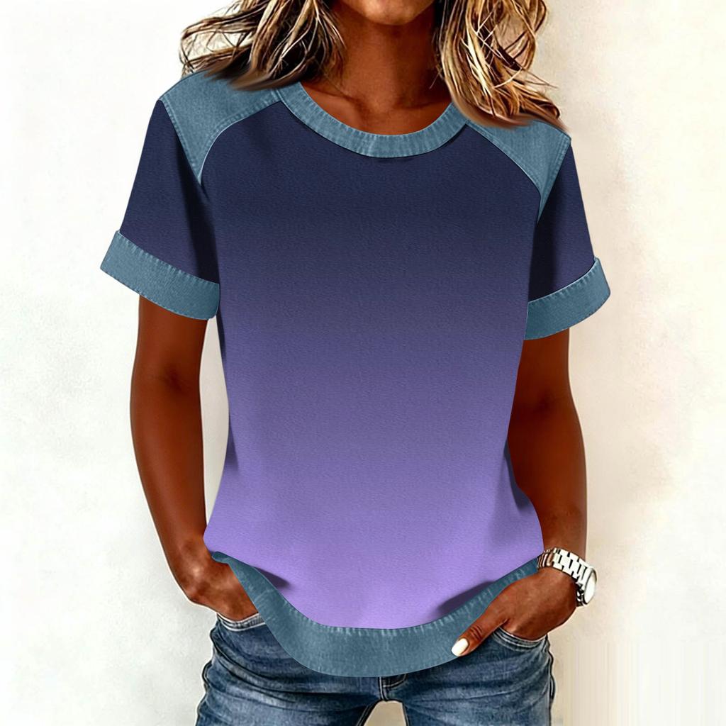 Women Denim Collar Patchwork Stitching Sweatshirt Casual  Printed Pullover Short Sleeve Shirts