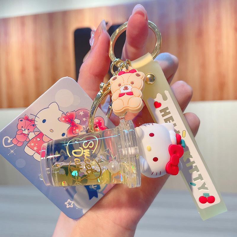 Sanrio Kuromi Melody Quicksand Keychain Cute Milk Tea Cup Shaker Key Ring Kawaii Bag Pendant Accessories for Car Keys Backpack