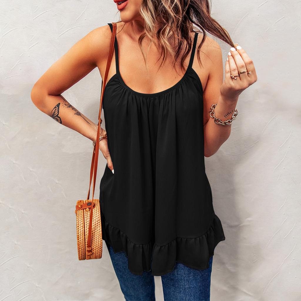 Women's Casual Loose  Spaghetti Straps Pleated Ruffled Sleeveless Tank Top