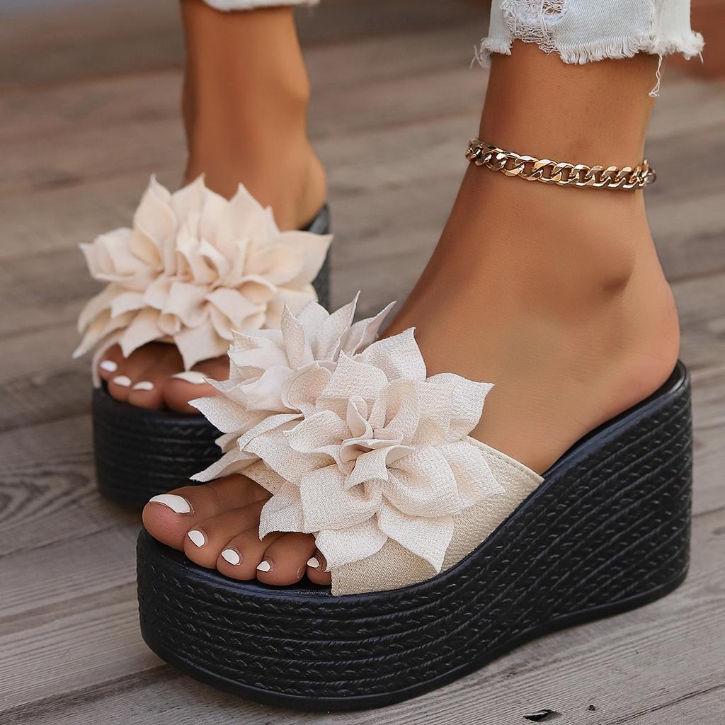 Summer New Flower Muffin Slippers Women's 2025 Large Size One-word Slippers Thick-soled Cool Slippers