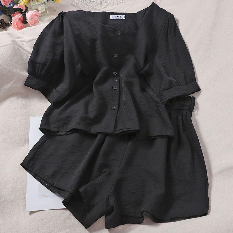 Petite Women's Square Neck Puff Sleeve Top & Elastic Waist Wide Leg Shorts Two-Piece Summer Set