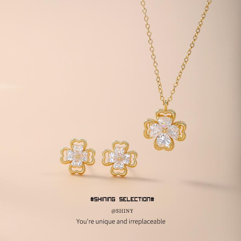 Copper Earring Necklace Set With Full Zirconia Clover Charm Hypoallergenic Plated Jewelry Women